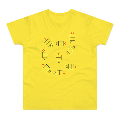 Yellow t-shirt with a scattered pattern of black and red minimalist symbols.