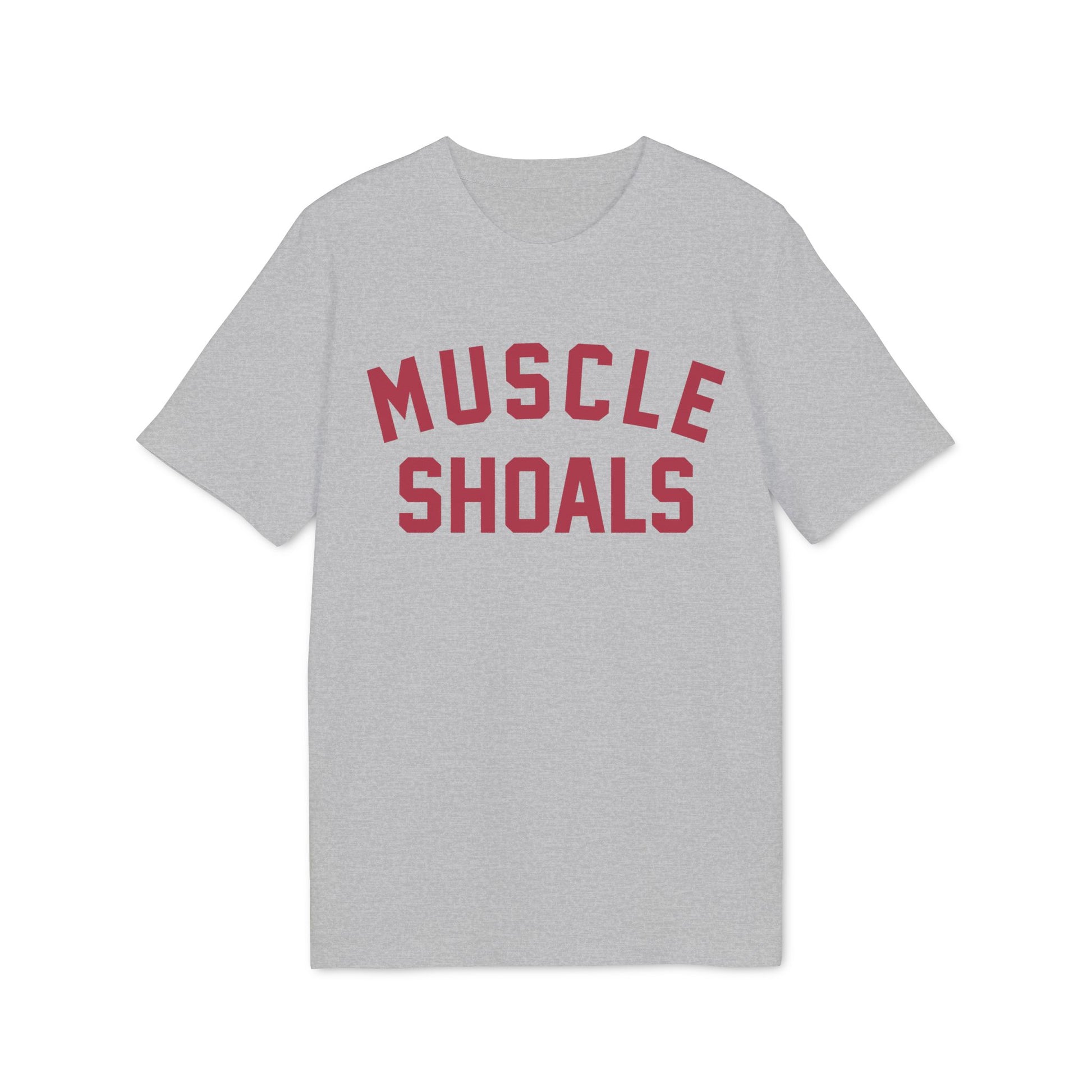 Grey t-shirt with "MUSCLE SHOALS" printed in red collegiate lettering.