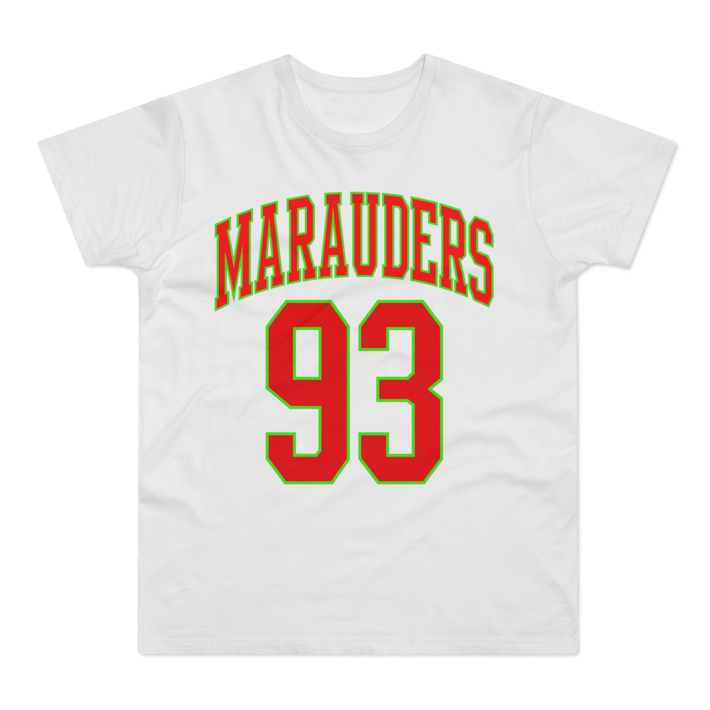 White t-shirt with "MARAUDERS 93" in red and green lettering.