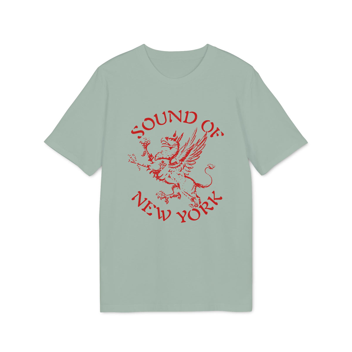 A sage green short-sleeved t-shirt featuring a red graphic of a griffin and the text Sound of New York.