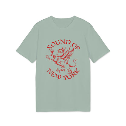 A sage green short-sleeved t-shirt featuring a red graphic of a griffin and the text Sound of New York.