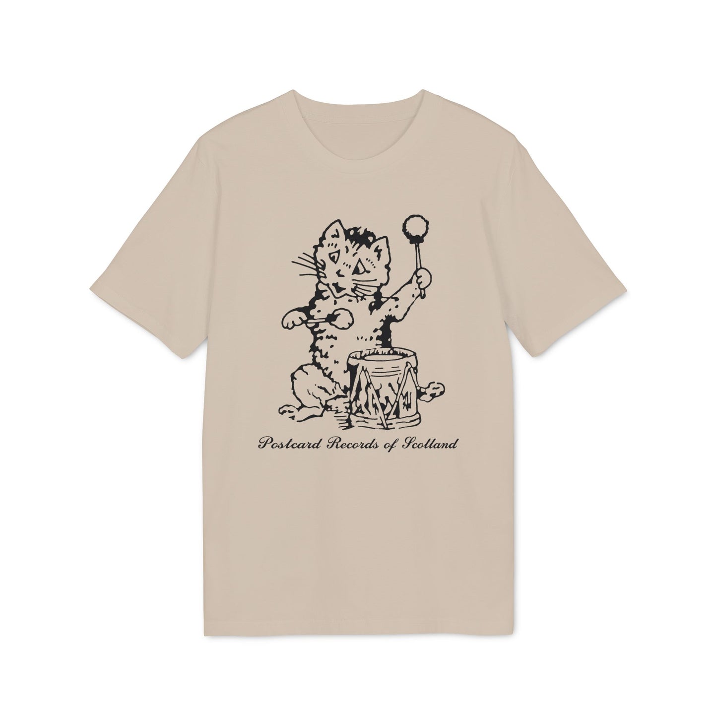 Line drawing of a cat playing a drum on a t-shirt, "Postcard Records of Scotland" below.