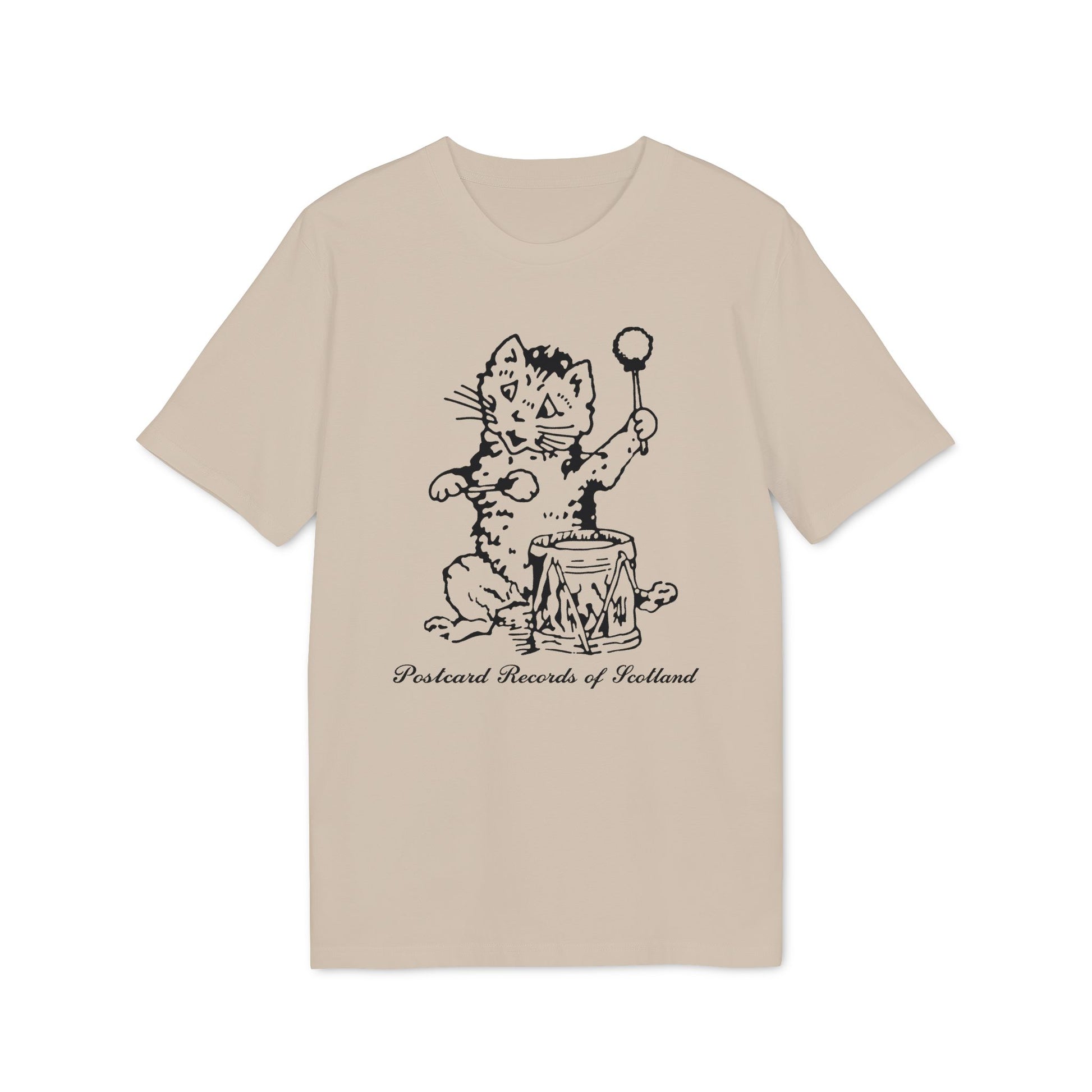 Line drawing of a cat playing a drum on a t-shirt, "Postcard Records of Scotland" below.