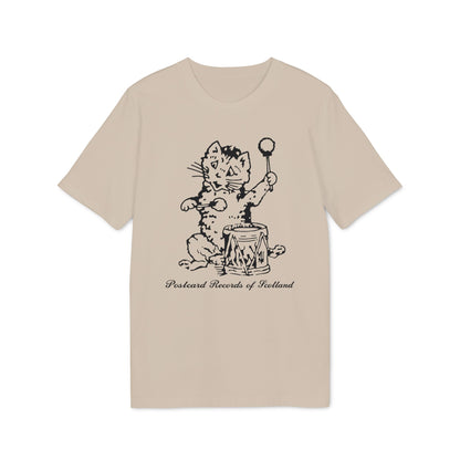 Line drawing of a cat playing a drum on a t-shirt, "Postcard Records of Scotland" below.