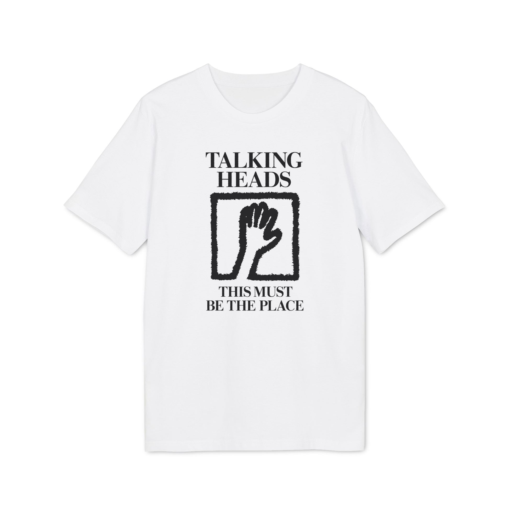 White t-shirt with "Talking Heads" and "This Must Be The Place" text and hand logo.
