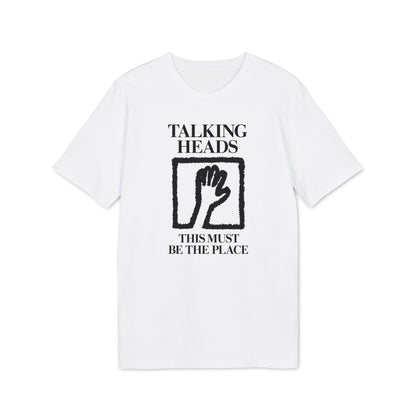 White t-shirt with "Talking Heads" and "This Must Be The Place" text and hand logo.