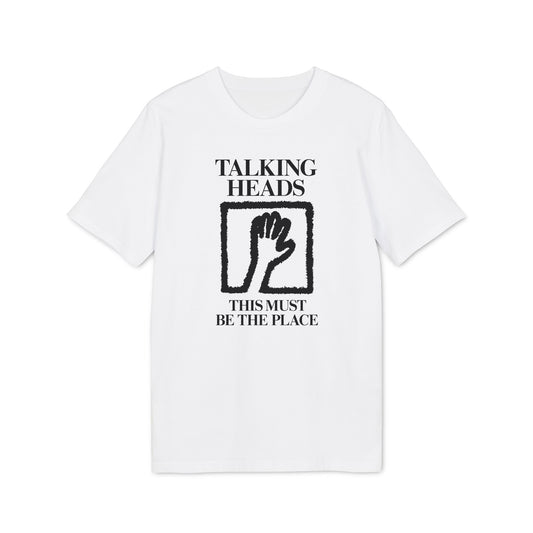 White t-shirt with "Talking Heads" and "This Must Be The Place" text and hand logo.