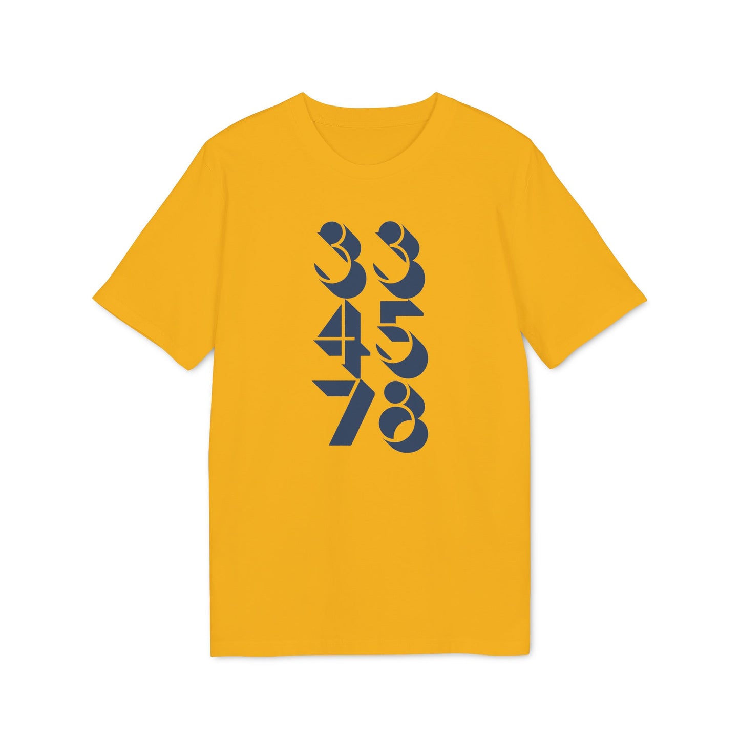 Yellow t-shirt with navy blue numbers 33, 45, and 78 printed vertically.