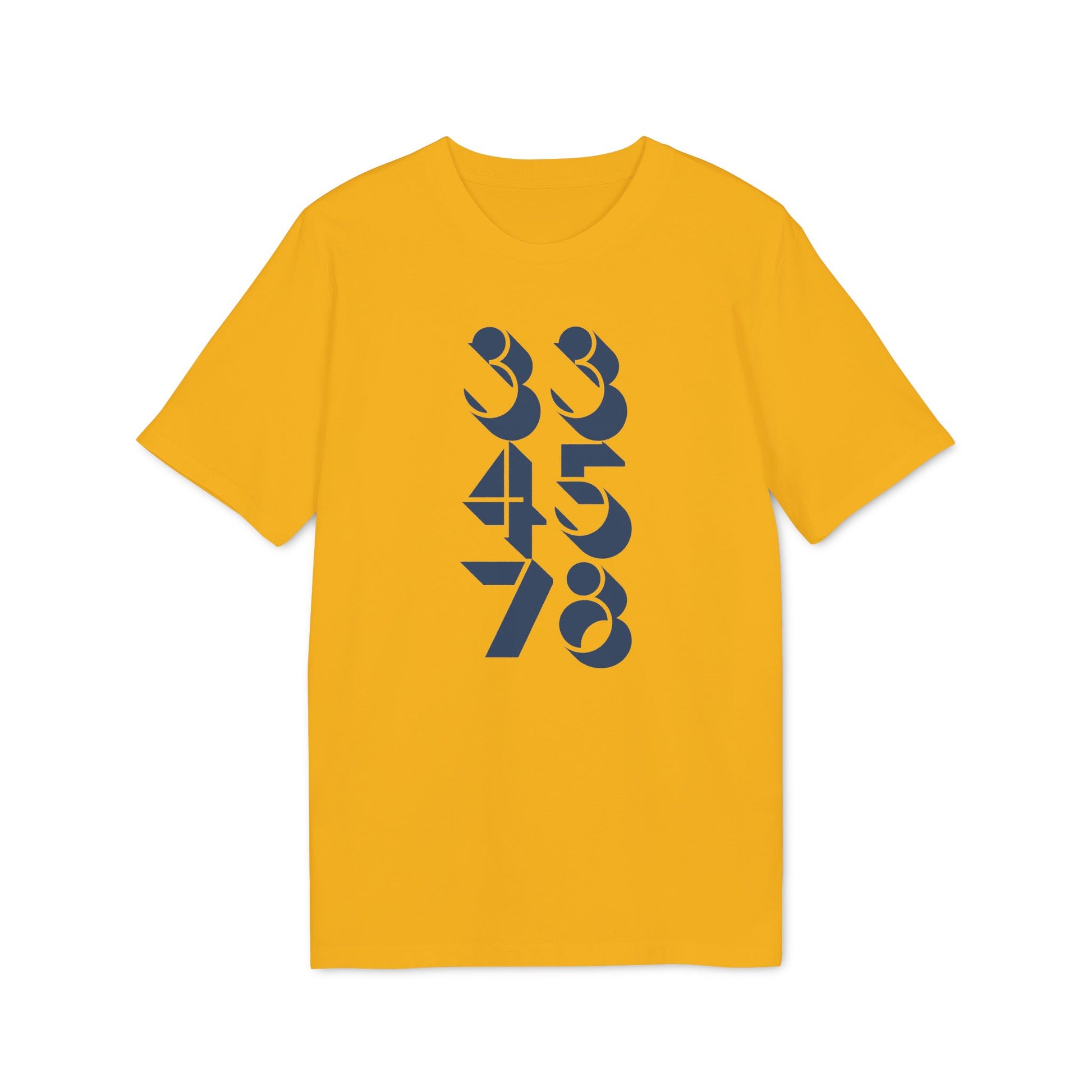 Yellow t-shirt with navy blue numbers 33, 45, and 78 printed vertically.