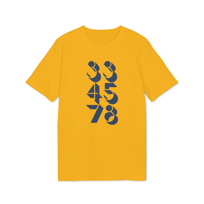 Yellow t-shirt with navy blue numbers 33, 45, and 78 printed vertically.