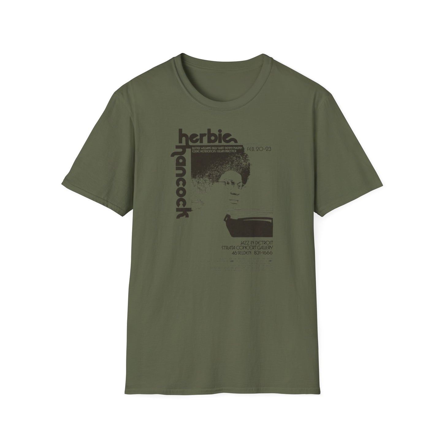 Olive green t-shirt with "Herbie Hancock" and concert details.