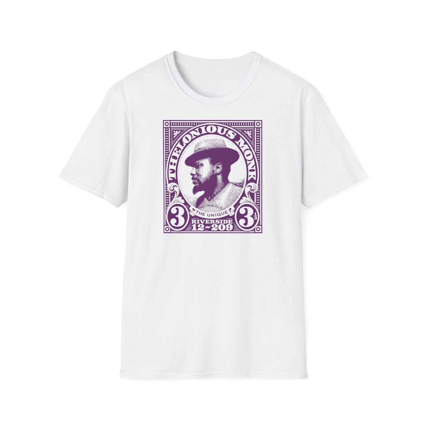 Thelonious Monk "The Unique" stamp graphic t-shirt in purple.