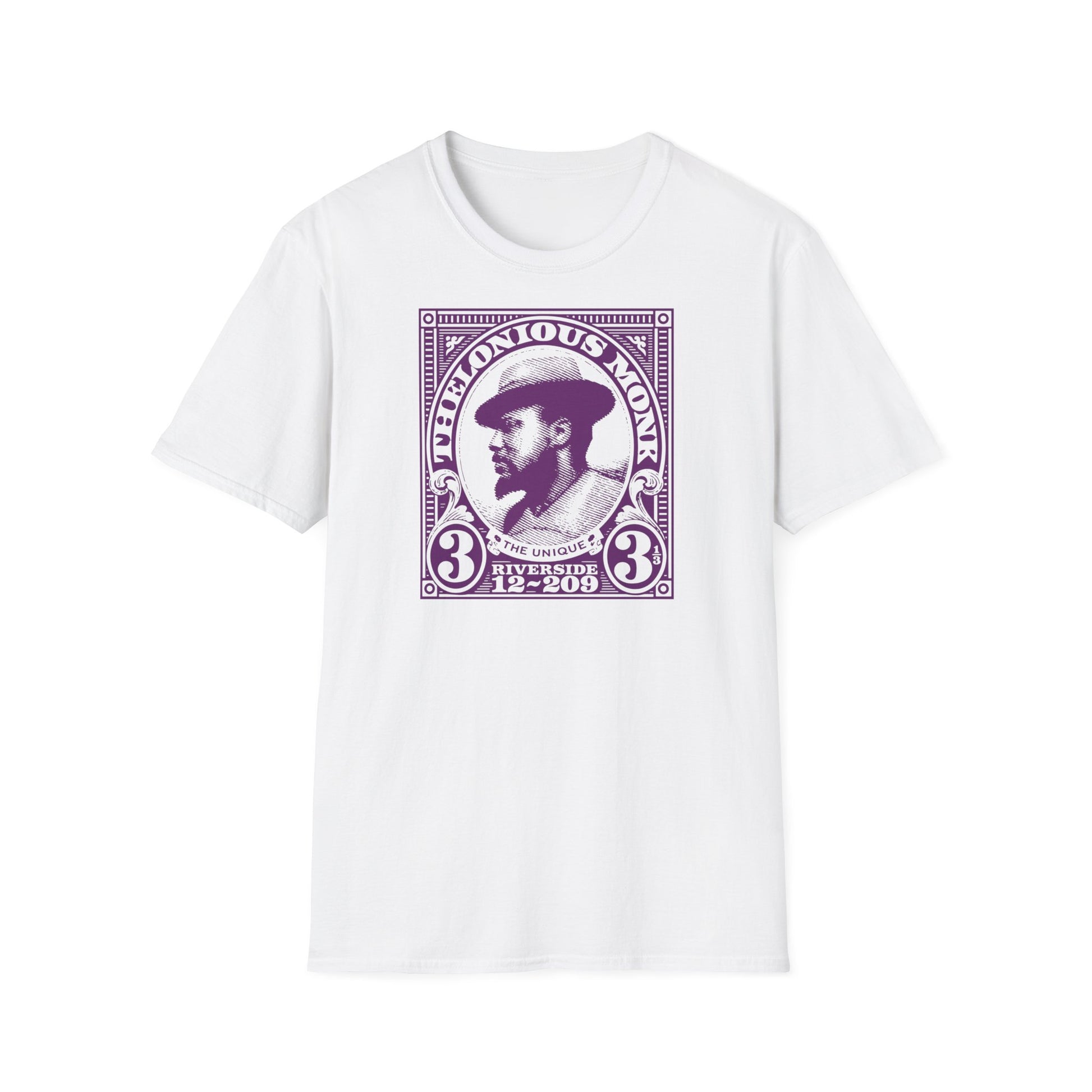 Thelonious Monk "The Unique" stamp graphic t-shirt in purple.