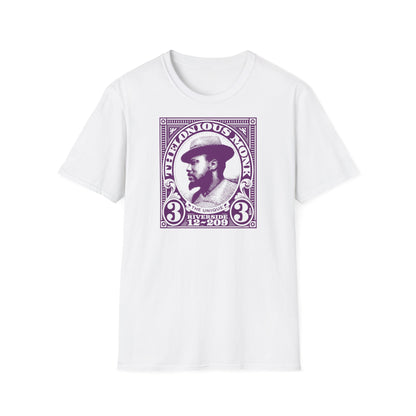 Thelonious Monk "The Unique" stamp graphic t-shirt in purple.