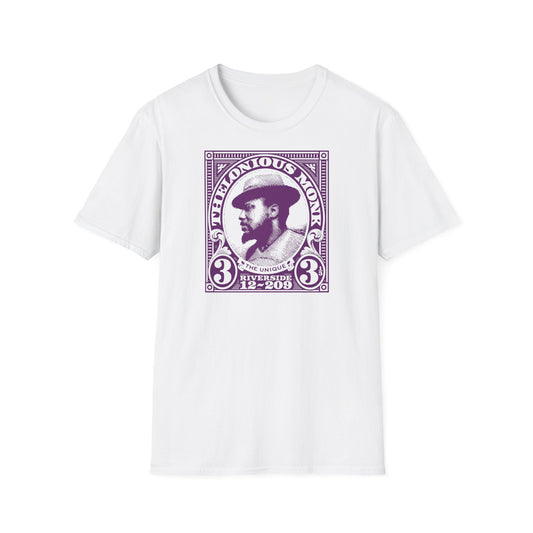 Thelonious Monk "The Unique" stamp graphic t-shirt in purple.