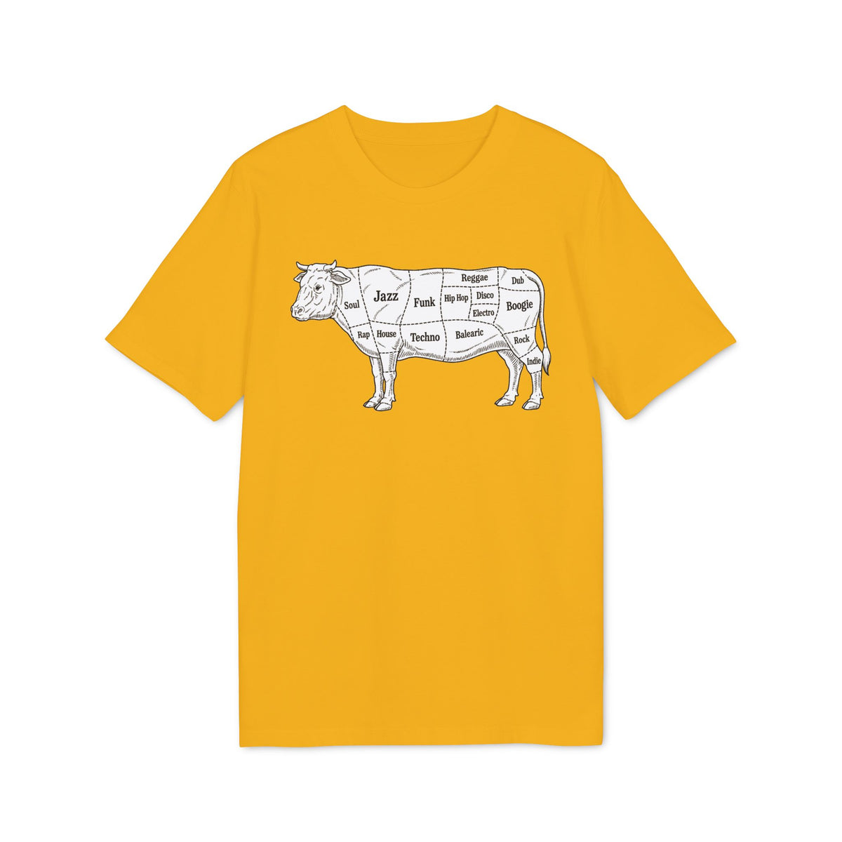 A mustard yellow crew neck t-shirt featuring a diagram of a cow divided into sections labeled with music genres.