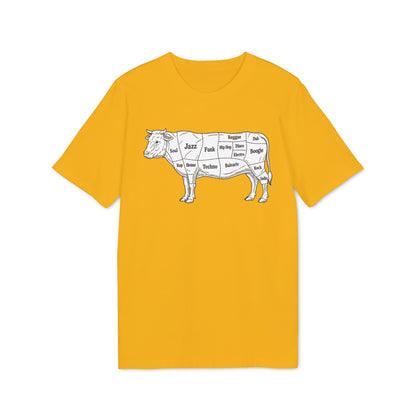 A mustard yellow crew neck t-shirt featuring a diagram of a cow divided into sections labeled with music genres.