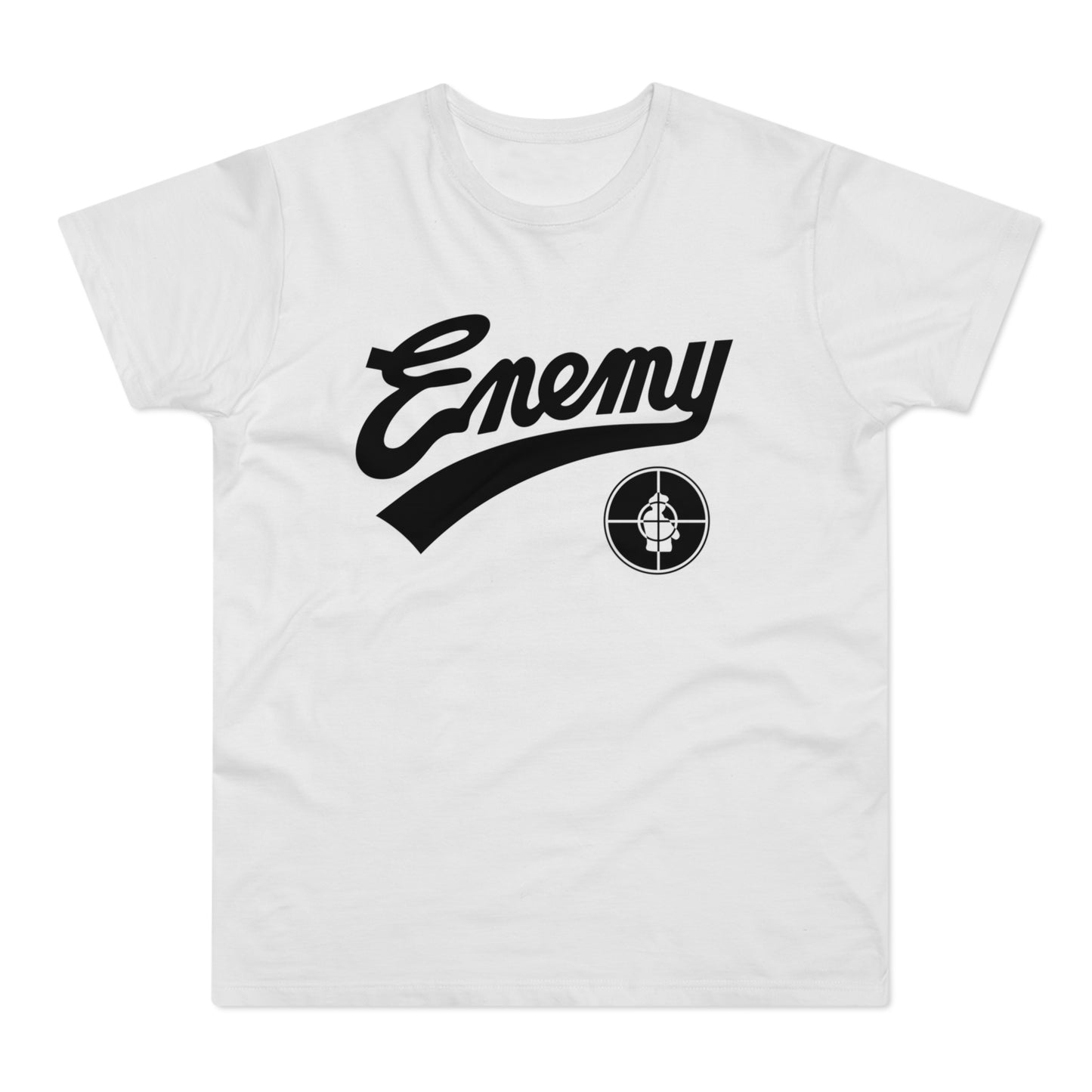 White t-shirt with black "Enemy" text and a target logo.