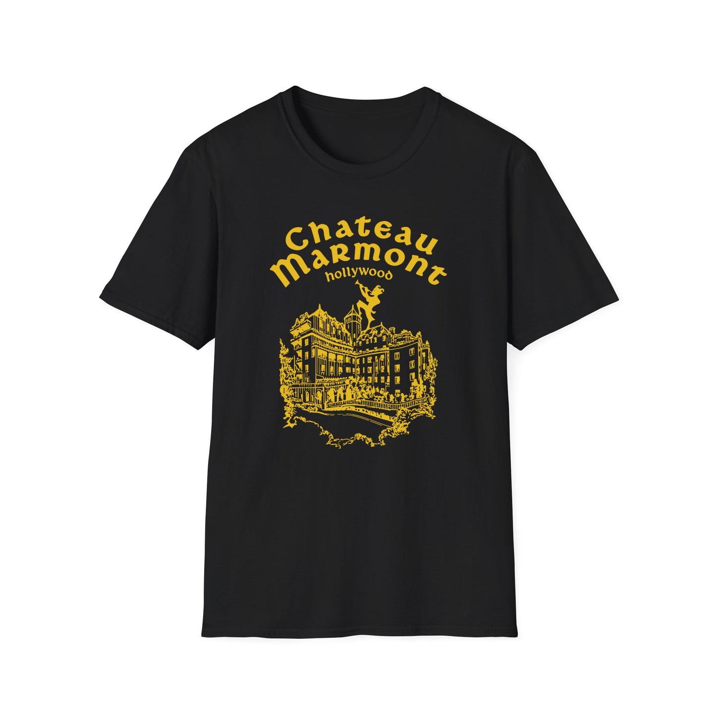 Black t-shirt with yellow Chateau Marmont Hollywood graphic and building illustration.