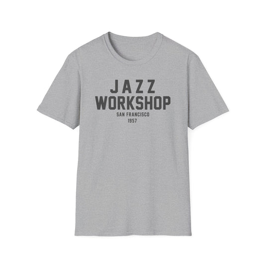 Grey t-shirt with "Jazz Workshop San Francisco 1957" printed on the front.