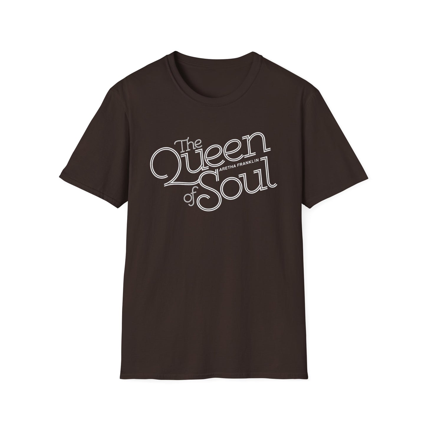 Brown t-shirt with white text reading "The Queen of Soul" and "Aretha Franklin".