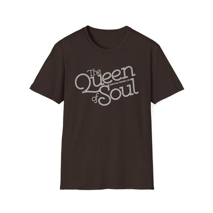 Brown t-shirt with white text reading "The Queen of Soul" and "Aretha Franklin".
