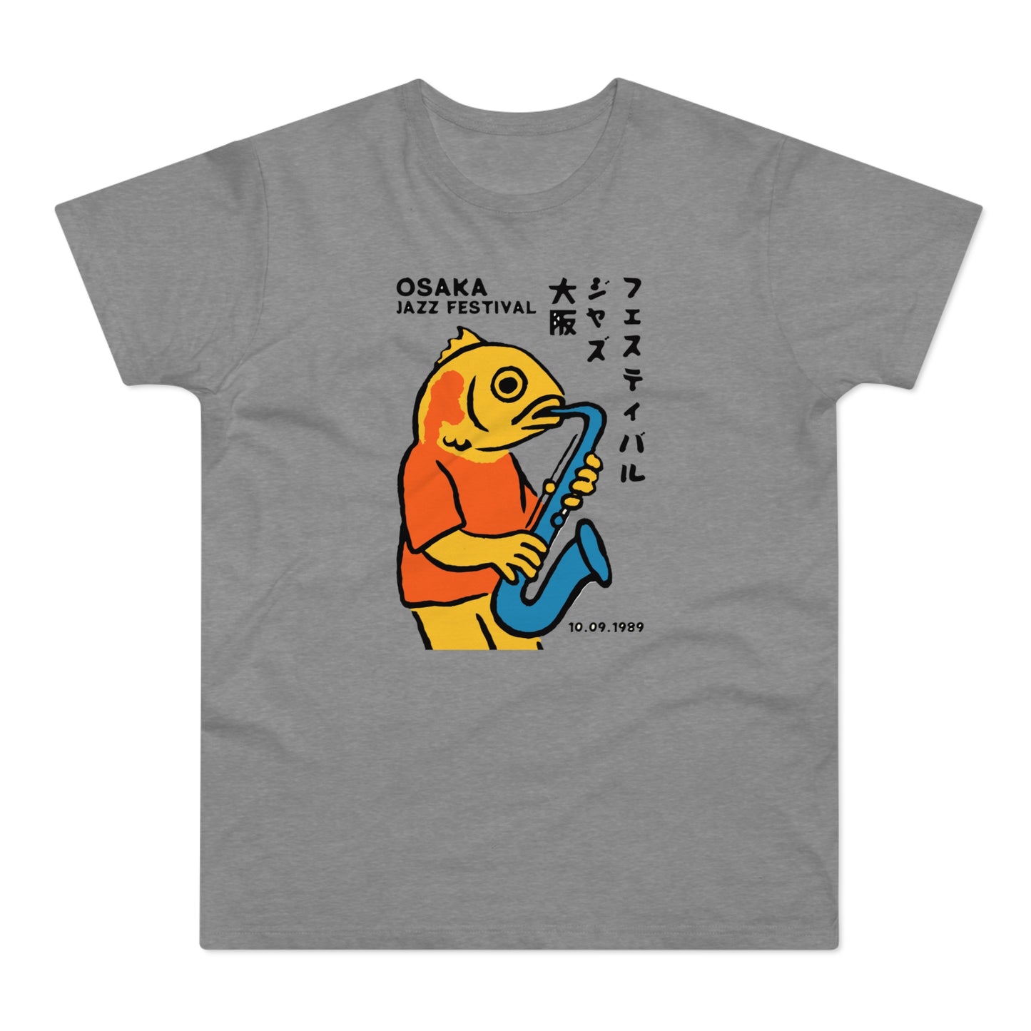 Yellow cartoon fish playing a blue saxophone with Japanese text and "Osaka Jazz Festival 10.09.1989".