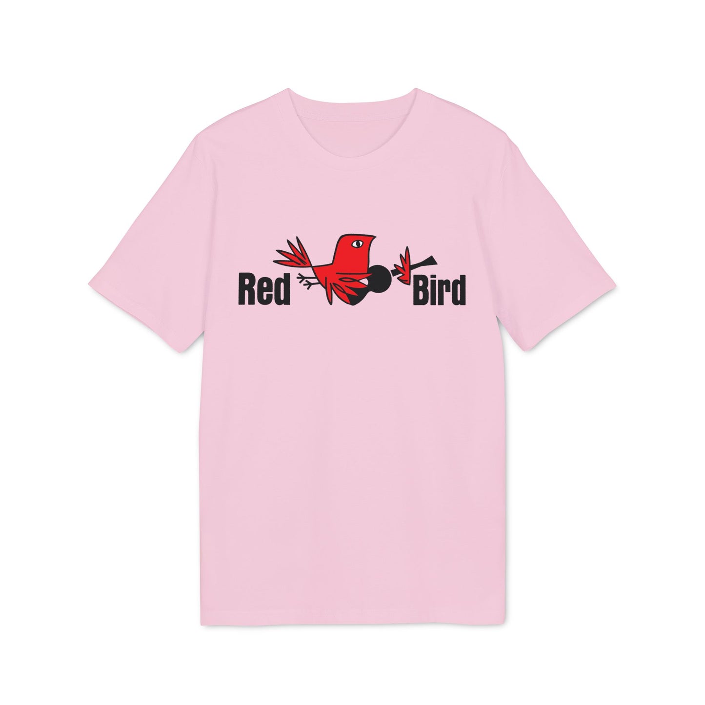Pink t-shirt with a red bird illustration and "Red Bird" text.