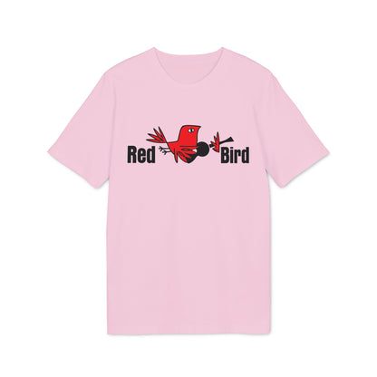 Pink t-shirt with a red bird illustration and "Red Bird" text.