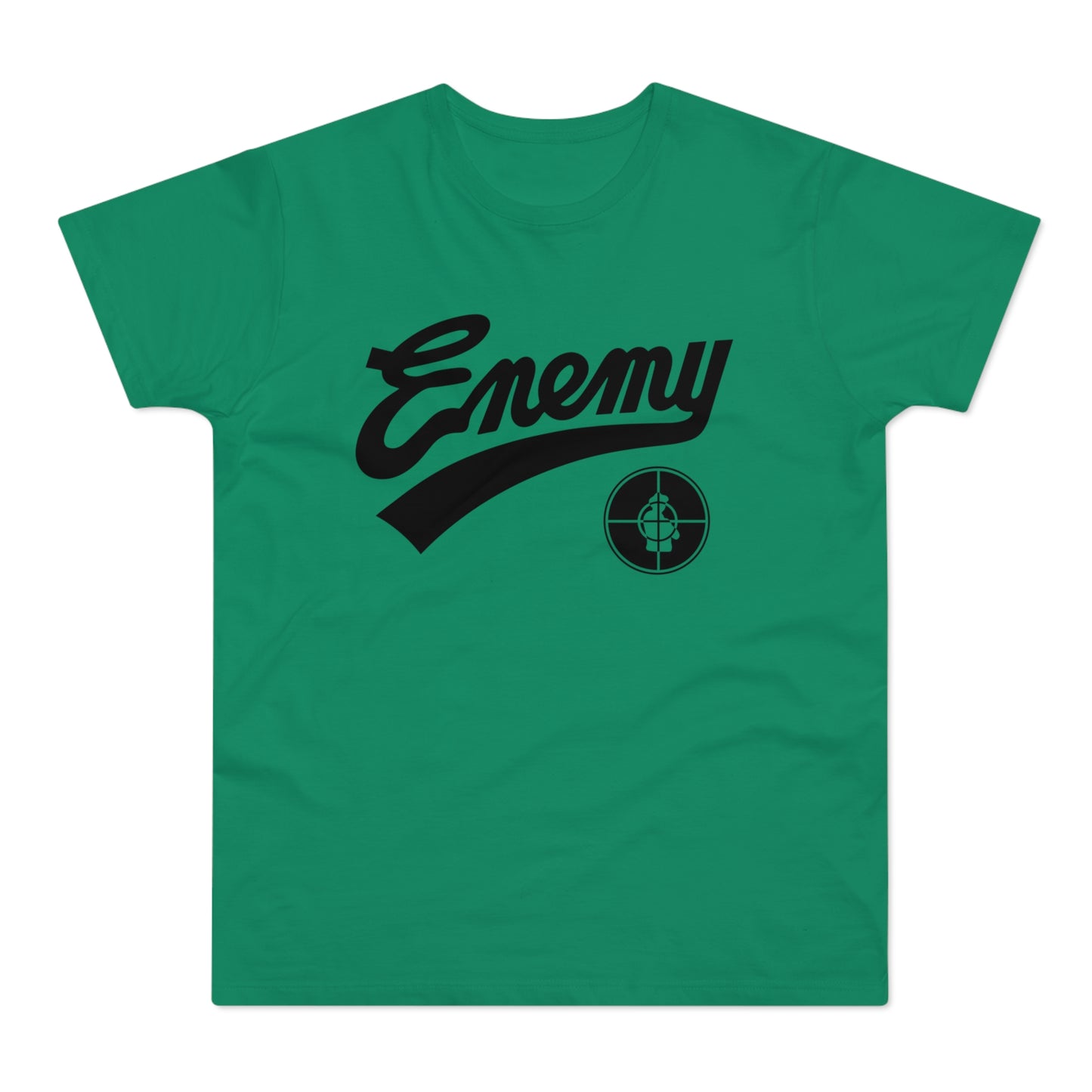 Green t-shirt with black "Enemy" text and a black target logo.