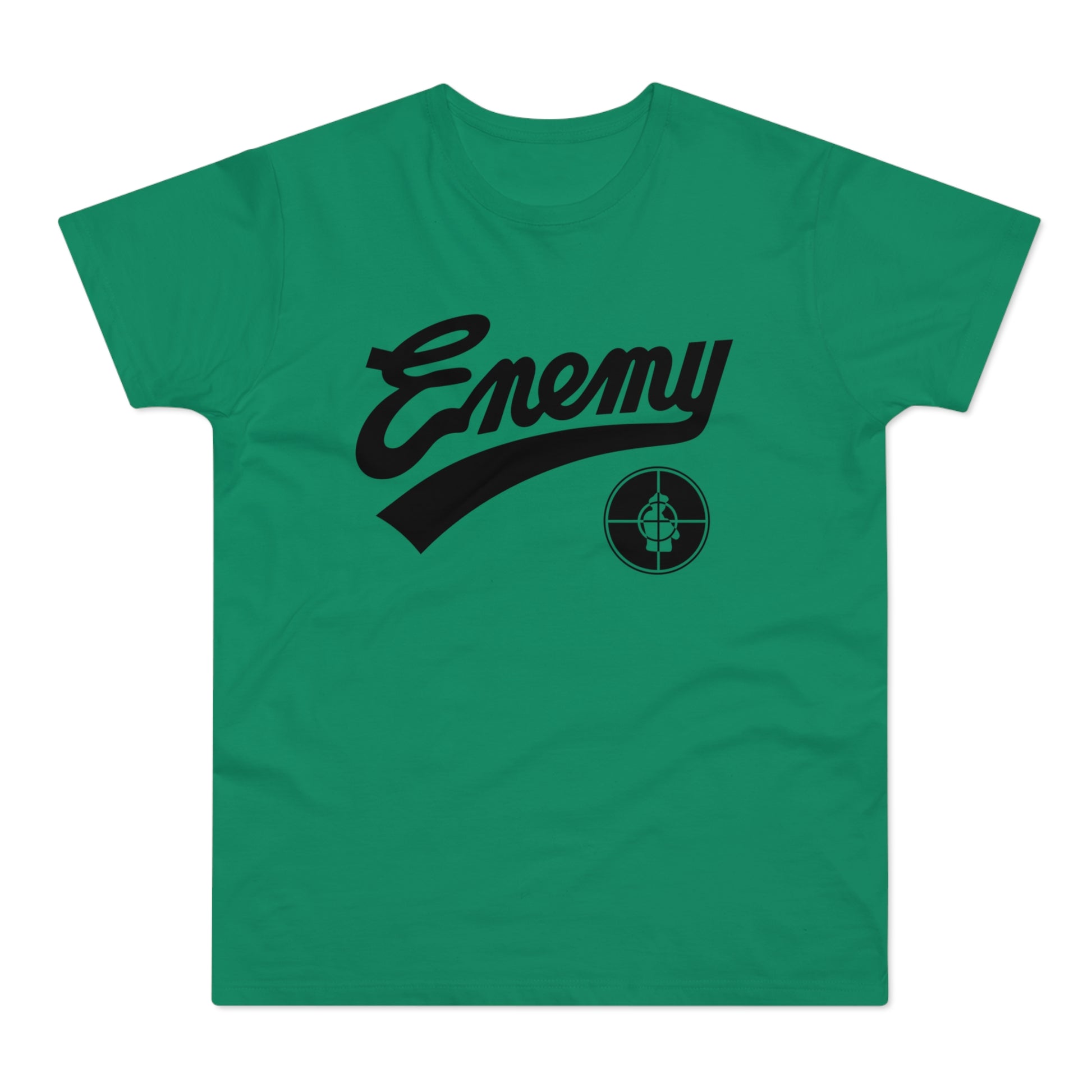 Green t-shirt with black "Enemy" text and a black target logo.