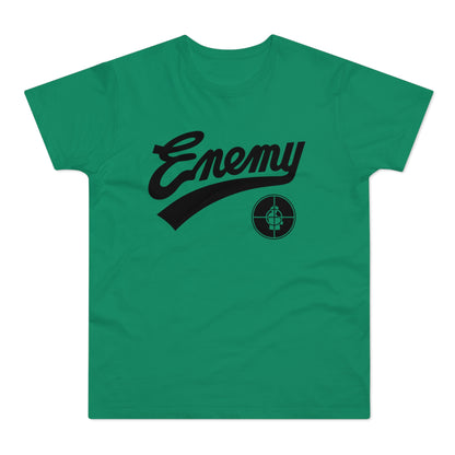 Green t-shirt with black "Enemy" text and a black target logo.