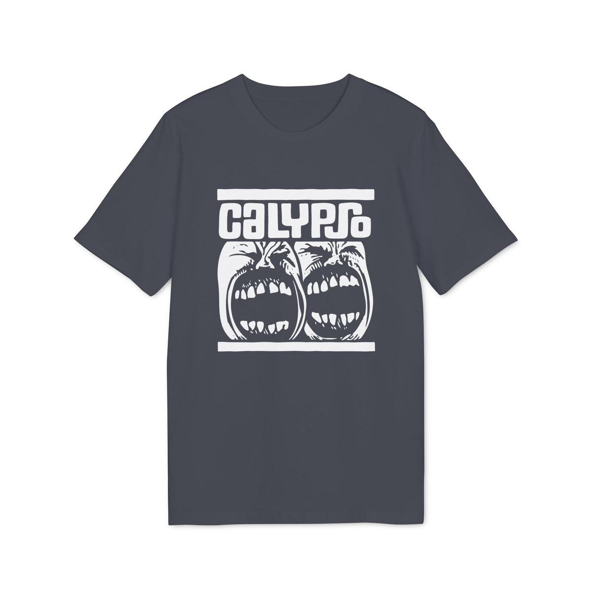 A dark gray short-sleeve t-shirt with a white graphic print containing the text Calypso above two screaming faces.