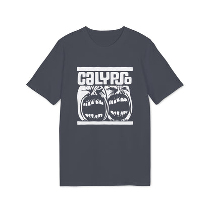 A dark gray short-sleeve t-shirt with a white graphic print containing the text Calypso above two screaming faces.
