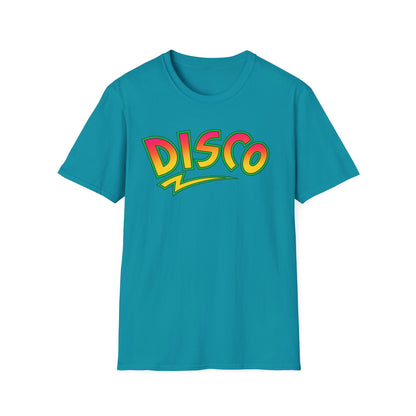 Turquoise t-shirt with a "DISCO" graphic in a retro, rainbow gradient font.
