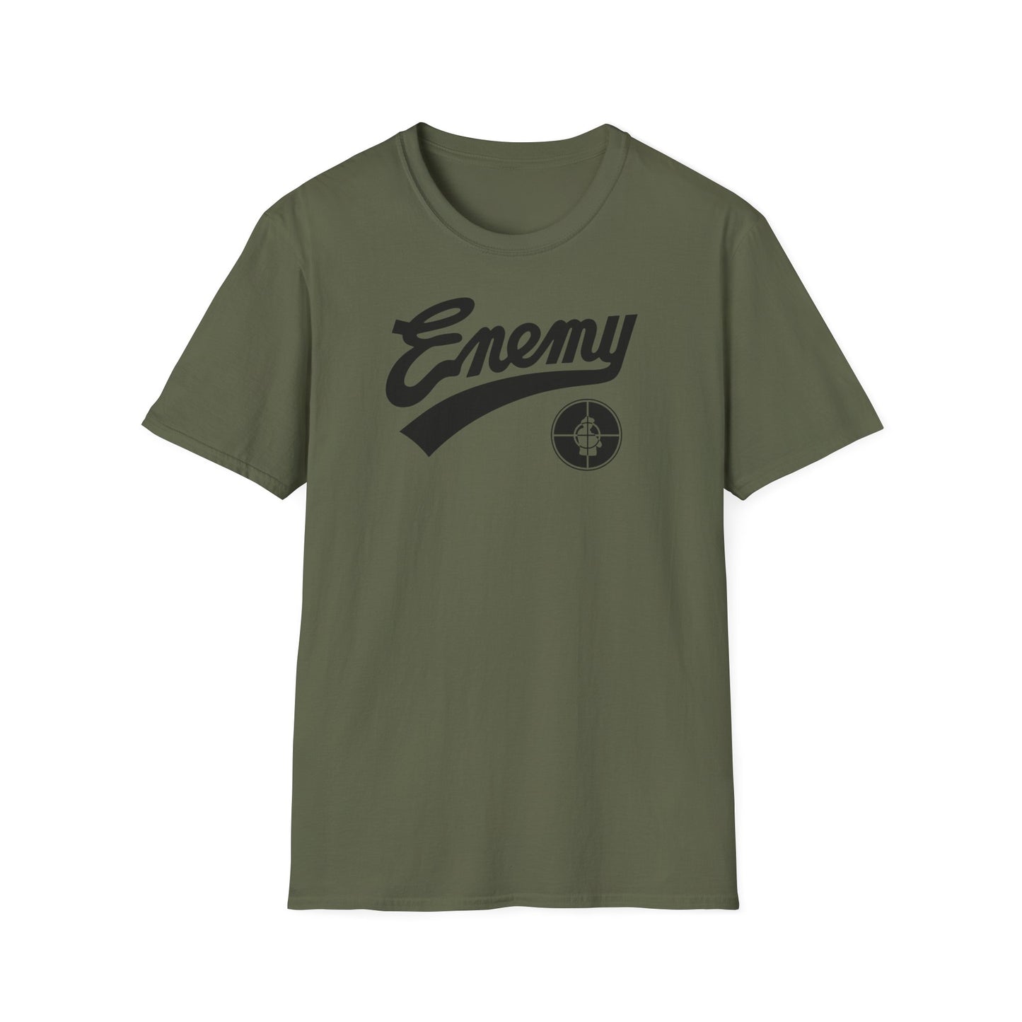 Olive green t-shirt with black "Enemy" text and a target graphic.