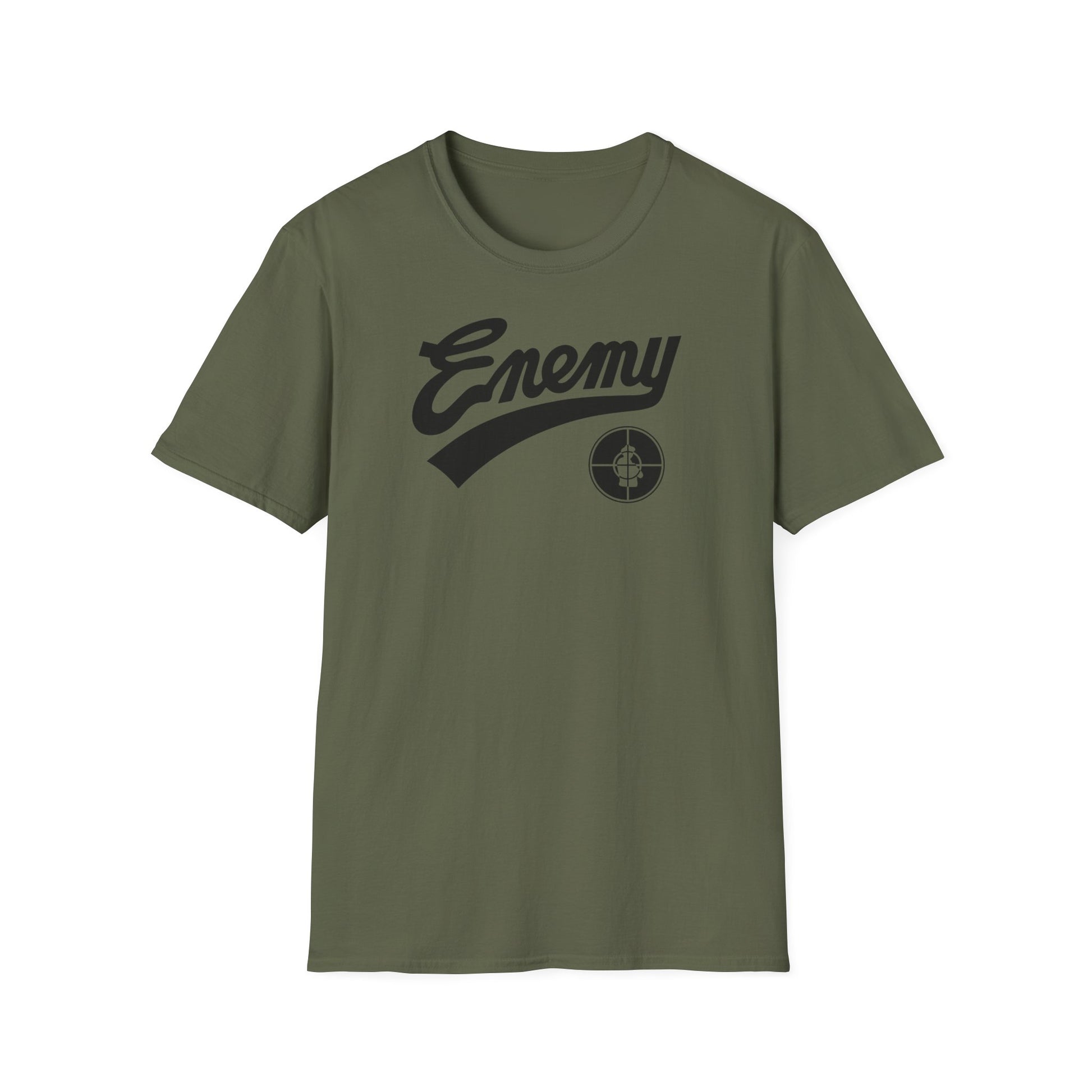Olive green t-shirt with black "Enemy" text and a target graphic.