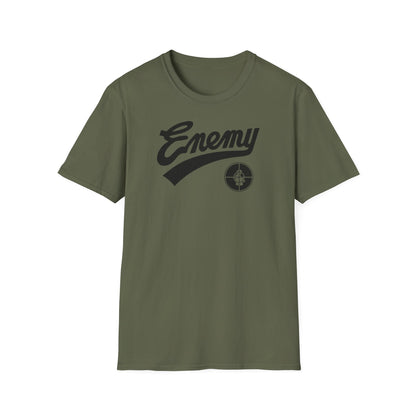 Olive green t-shirt with black "Enemy" text and a target graphic.