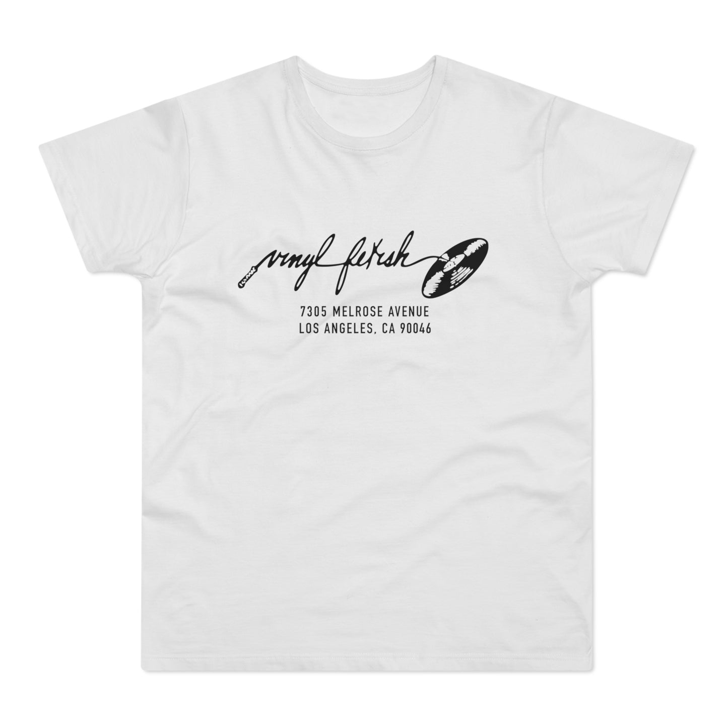 White t-shirt with "Vinyl Fetish" text and address: 7305 Melrose Avenue.