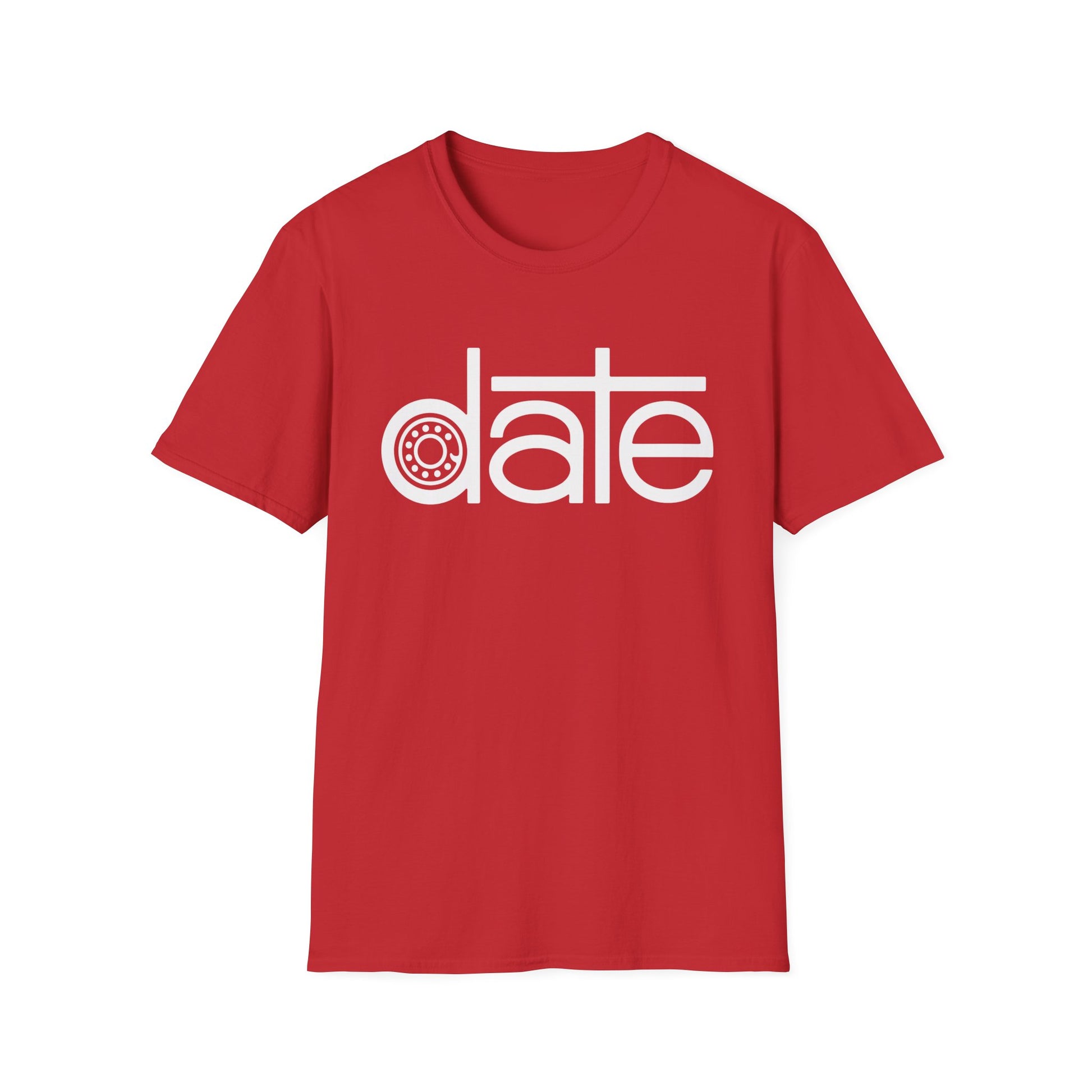 Red t-shirt with white text "date" featuring a stylized bearing inside the "a".