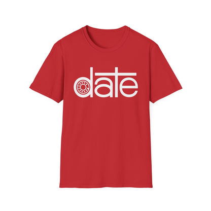 Red t-shirt with white text "date" featuring a stylized bearing inside the "a".