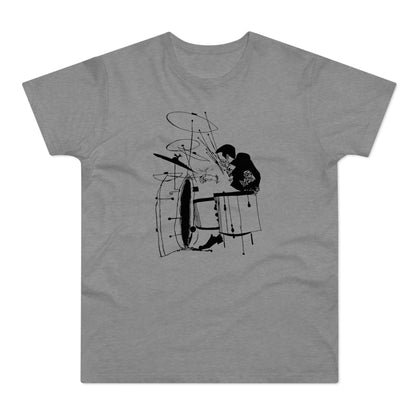 Black ink drawing on grey t-shirt shows a drummer playing a large drum set.