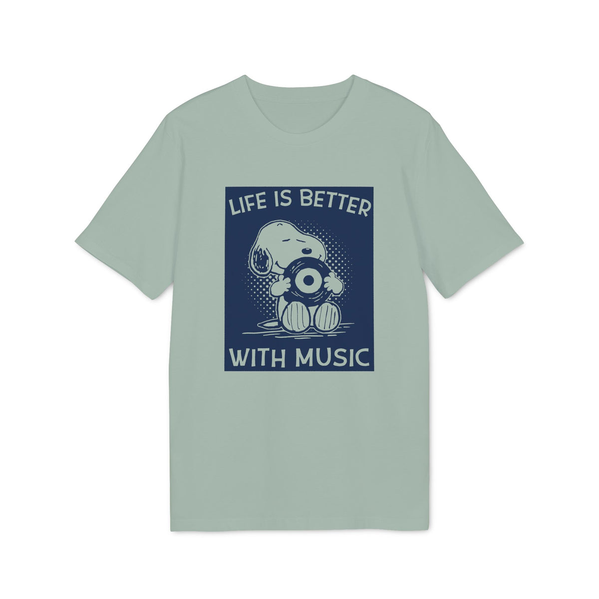 Sage green crewneck t-shirt featuring a dark blue graphic of Snoopy hugging a vinyl record with the text "LIFE IS BETTER WITH MUSIC."