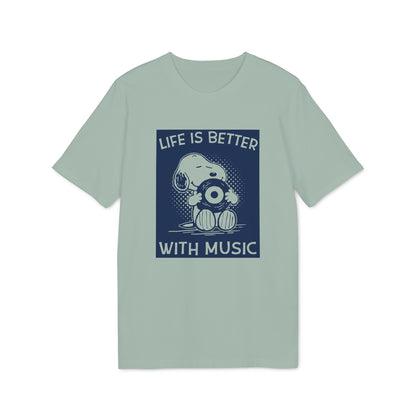 Sage green crewneck t-shirt featuring a dark blue graphic of Snoopy hugging a vinyl record with the text "LIFE IS BETTER WITH MUSIC."
