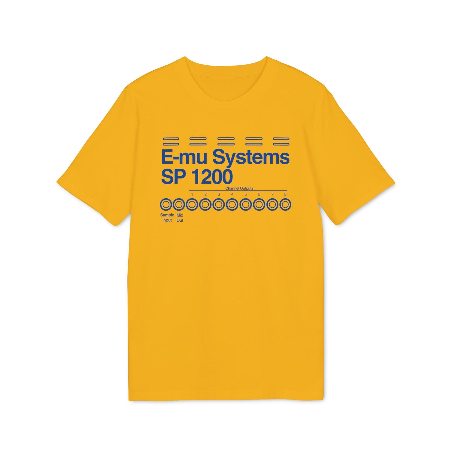 Yellow t-shirt with E-mu Systems SP 1200 logo, featuring control outputs numbered 1-8.
