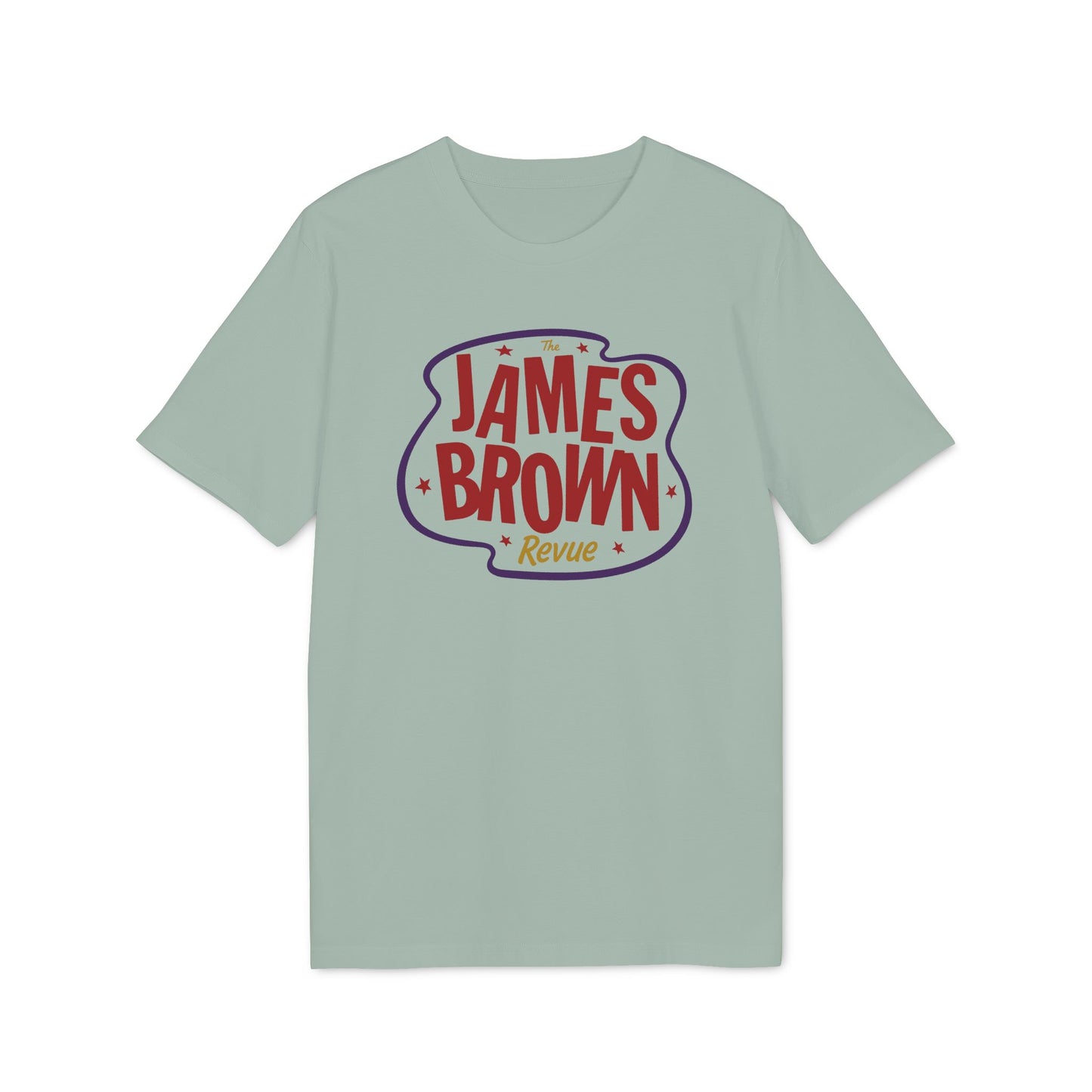 Light green t-shirt with The James Brown Revue logo in red and purple.