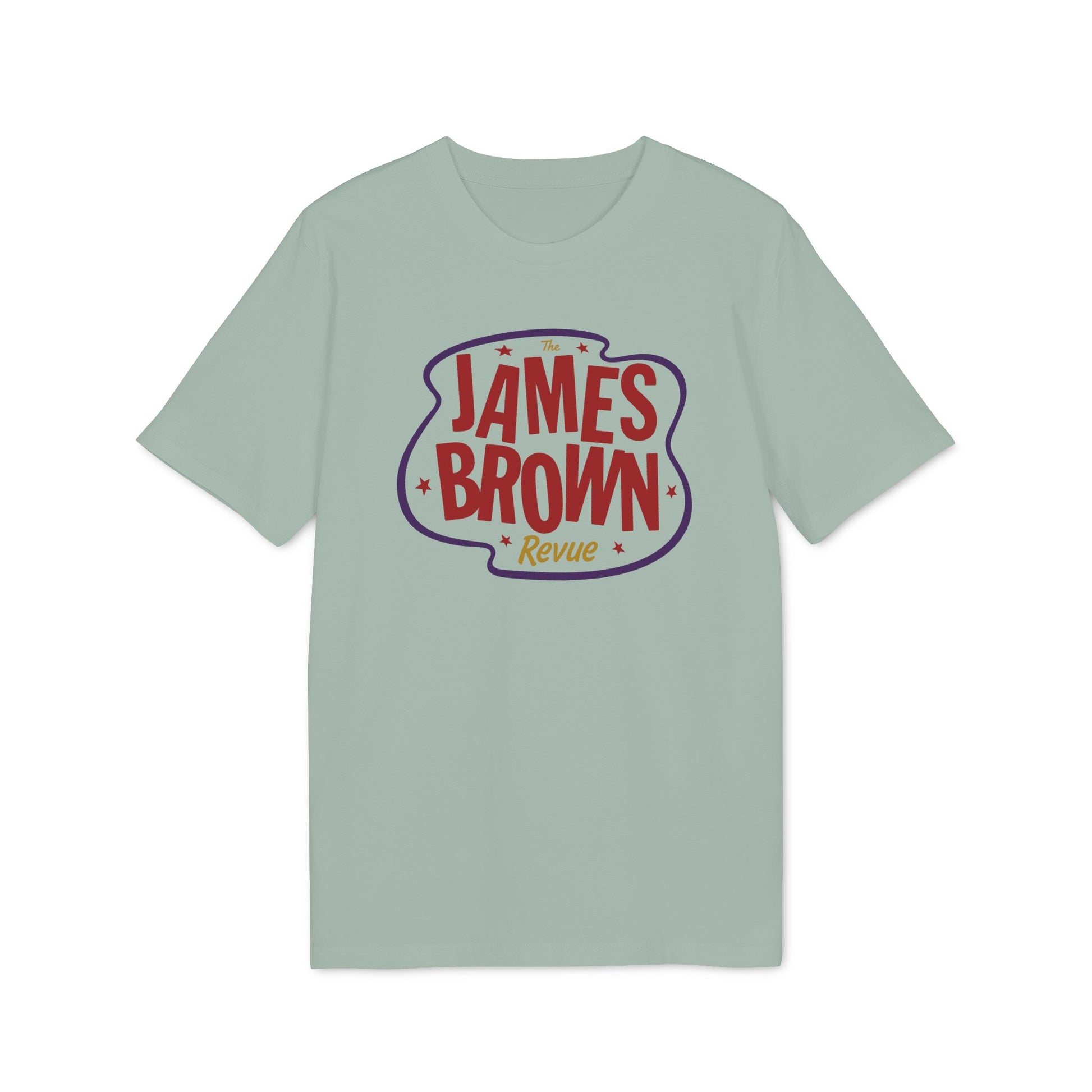 Light green t-shirt with The James Brown Revue logo in red and purple.