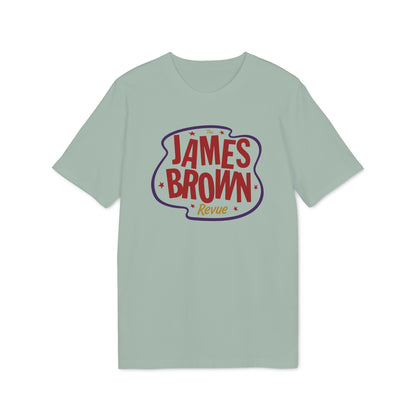 Light green t-shirt with The James Brown Revue logo in red and purple.
