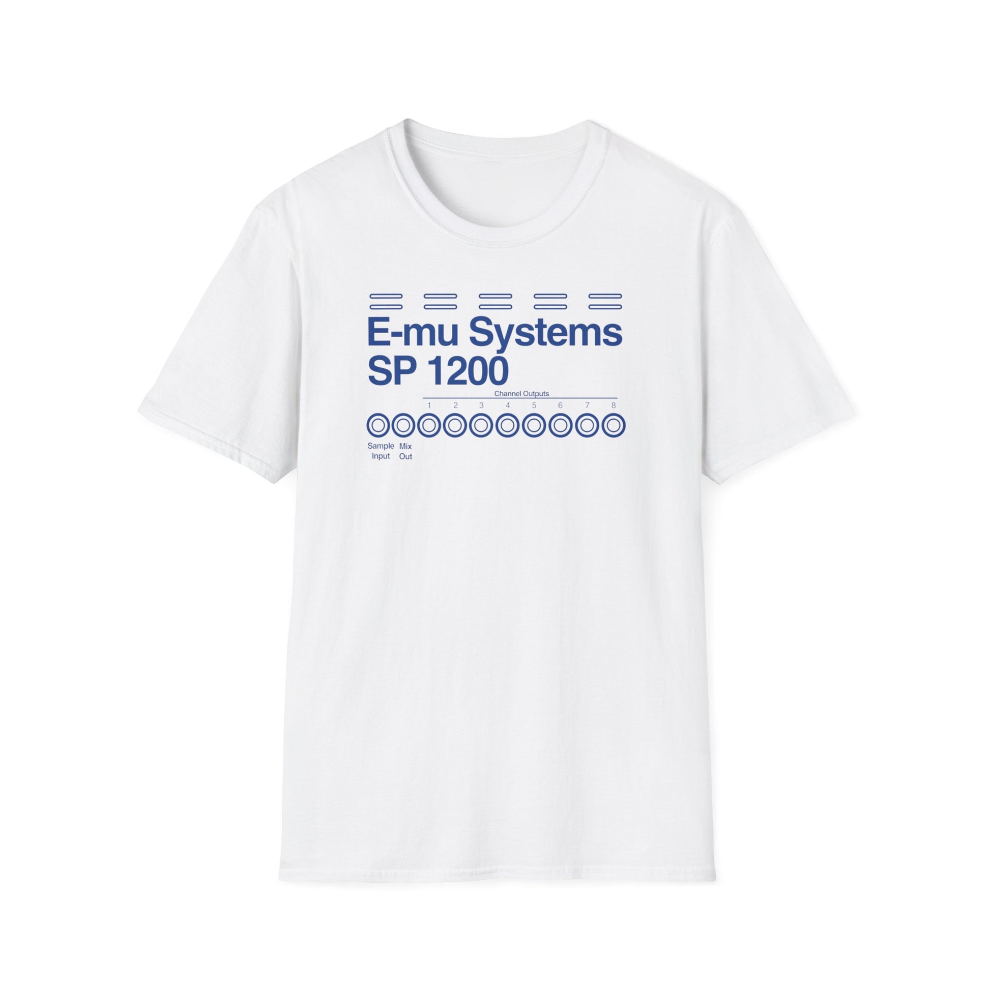 White t-shirt with blue "E-mu Systems SP 1200" and channel outputs graphic.
