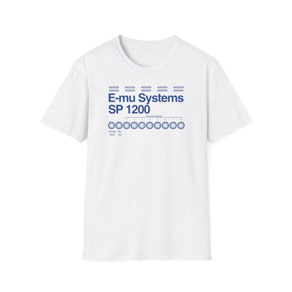 White t-shirt with blue "E-mu Systems SP 1200" and channel outputs graphic.